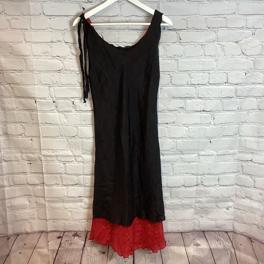 YELLOW LOTUS SANTA MONICA 100% SILK SLIP DRESS BLACK RED EUC SZ MED